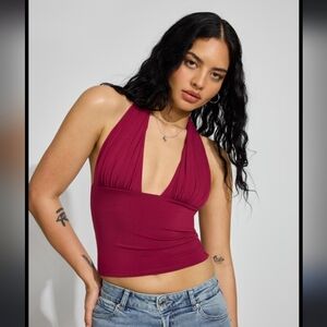 Garage Pixie Plunge Halter Top Burgundy
